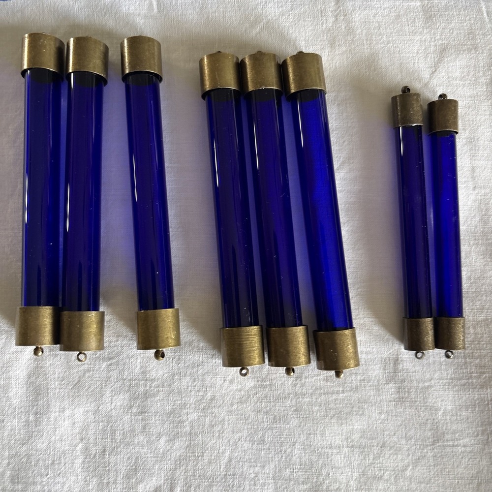 8 VTG Art Deco Czech Chandelier Crystals Cobalt Blue Tube Cylinder Prisms Brass